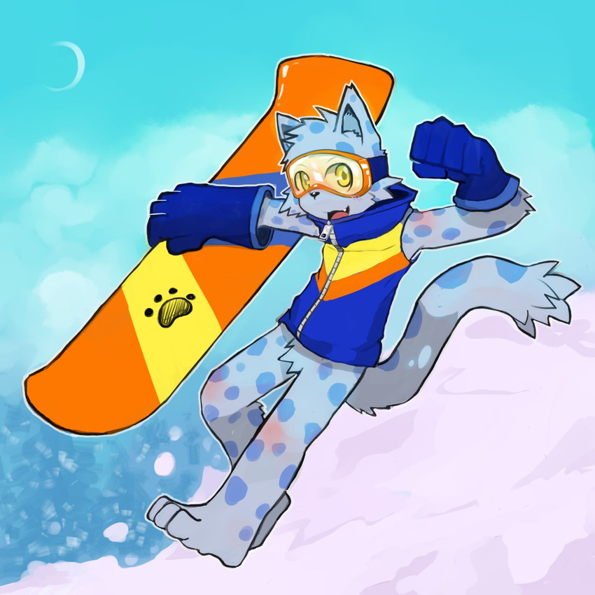 action_pose anthro barefoot bottomless clothing eyewear featureless_crotch feline gloves goggles leopard looking_at_viewer male mammal moon ollie pop'n_music smile snow snow_leopard snowboard solo whiteleo