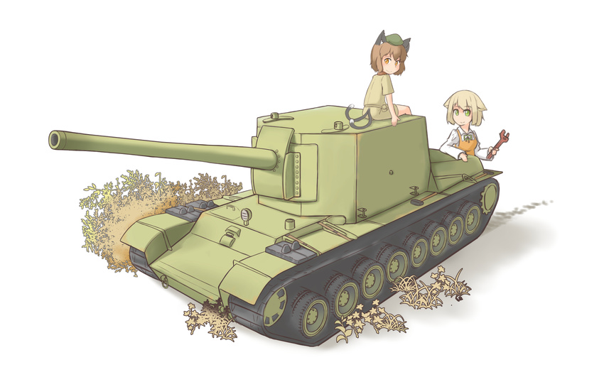 animal_ears blonde_hair borisx brown_eyes brown_hair cannon cat_ears cat_tail chen grass green_eyes ground_vehicle hat highres military military_vehicle motor_vehicle multiple_girls multiple_tails on_vehicle original short_hair su-100y tail tank touhou turret wrench