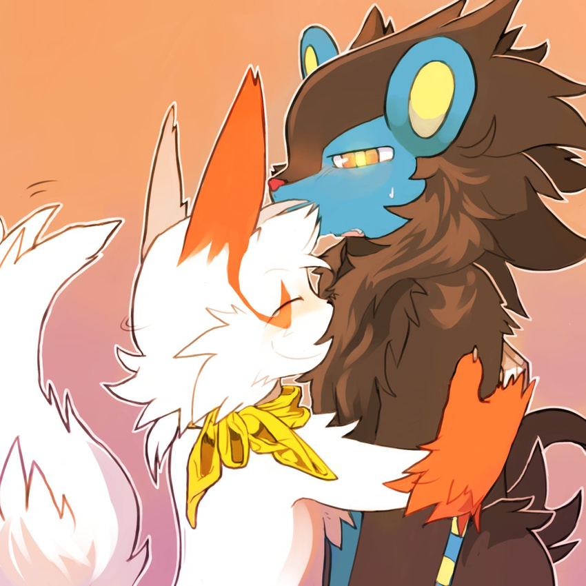 anthro blush canine duo embarrassed feral hug luxray male mammal neckerchief nintendo nuzzling pok&eacute;mon smile sweat sweatdrop tailwag topless video_games whiteleo zangoose