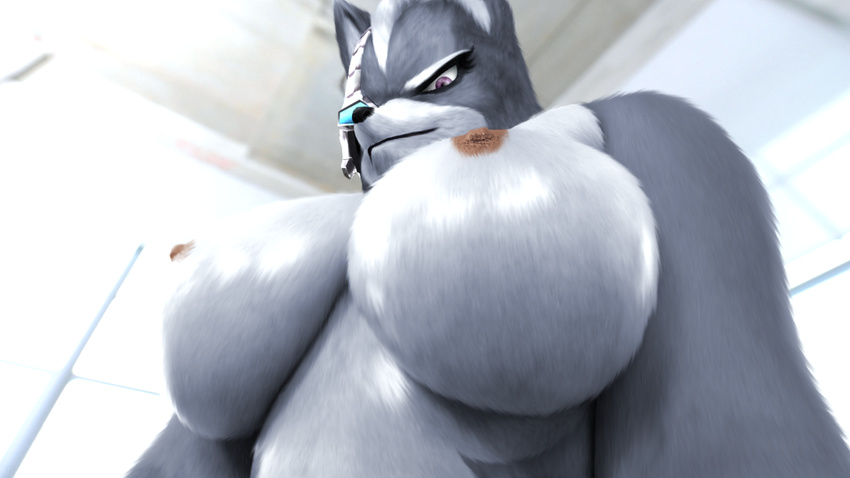 anthro big_breasts breasts canine crossgender edit female fur grey_fur mammal nintendo nipples oystercatcher7 photo_manipulation photomorph purple_eyes solo star_fox video_games wolf wolf_o'donnell