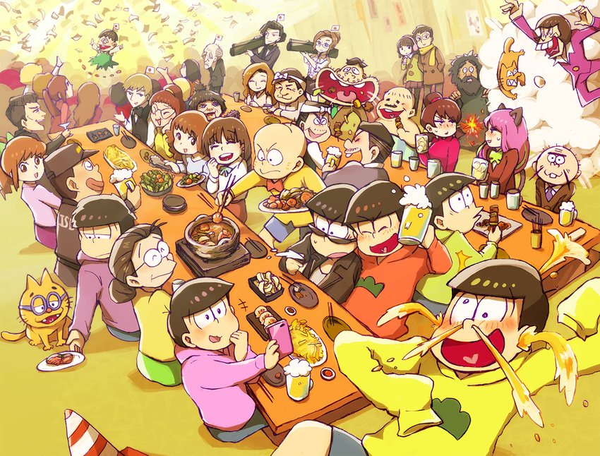 6+boys 6+girls aida_(osomatsu-san) akatsuka_fujio alcohol bangs bazooka beer_mug blunt_bangs blush braid brothers brown_hair buck_teeth cat chainsaw chibita chopsticks coat cocktail_glass crowd cup dayoon dekapan drinking drinking_glass drunk dumpling earmuffs eating esper_nyanko everyone extra facial_hair fighting flag food formal glasses glasses_boy_(osomatsu-san) hachimaki hairband hashimoto_nyaa hatabou head_flag headband hijirisawa_shonosuke holding holding_cup homeless hood hoodie hotpot iyami jiaozi jigusou juushimatsu's_girlfriend ko_sakura laughing long_hair low_twintails matsuno_choromatsu matsuno_ichimatsu matsuno_juushimatsu matsuno_karamatsu matsuno_matsuyo matsuno_matsuzou matsuno_osomatsu matsuno_todomatsu money multicolored_hair multiple_boys multiple_girls mustache official_style osomatsu-kun osomatsu-san pink_hair purple_suit sachiko_(osomatsu-san) sake salad scarf sextuplets short-haired_girl_(osomatsu-san) short_hair short_twintails siblings sitting streaked_hair suit sushi table traffic_cone twintails weapon winter_clothes yowai_totoko