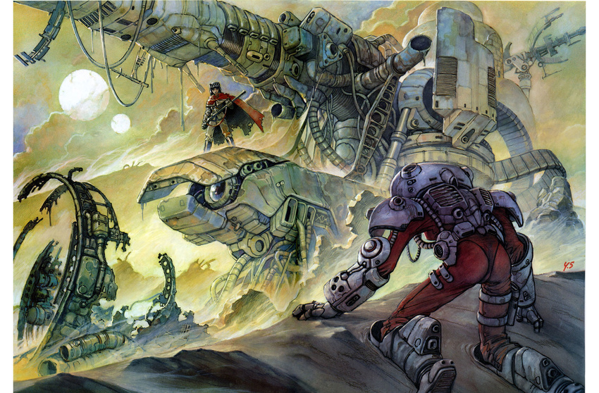 armor boots cable cape cloud damaged gloves gun headgear helmet highres kneeling machinery mecha official_art oldschool olympia_(gainax) power_suit promotional_art realistic rifle sadamoto_yoshiyuki sand sandstorm scavenger science_fiction spacesuit sun torn_clothes traditional_media uniform weapon wreckage