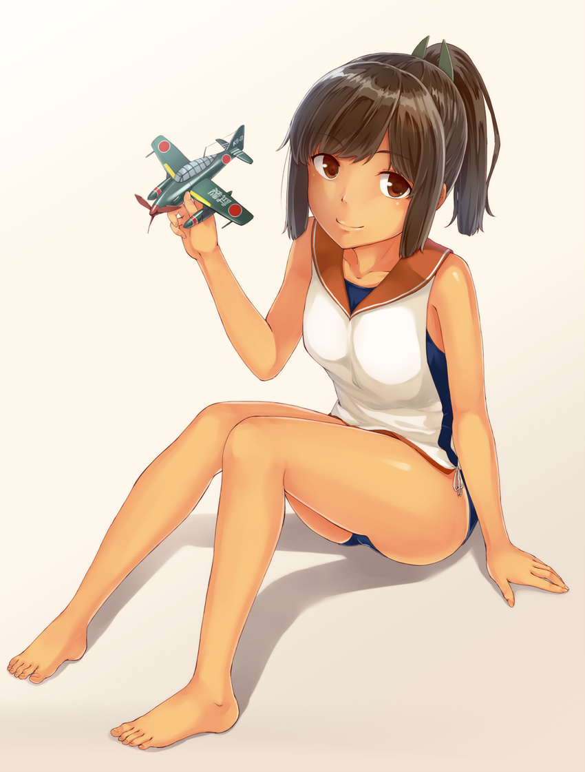 aircraft airplane bad_id bad_pixiv_id barefoot brown_eyes brown_hair dabadhi highres i-401_(kantai_collection) kantai_collection looking_at_viewer ponytail sailor_collar school_swimsuit school_uniform short_hair sitting smile solo swimsuit swimsuit_under_clothes tan tanline