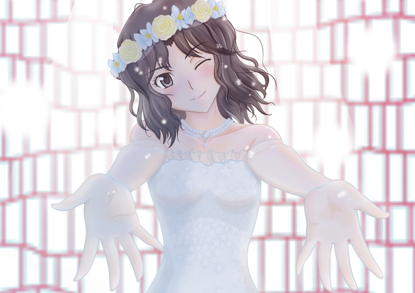 abstract_background amagami bare_shoulders black_eyes black_hair bloom blush bridal_veil bride collarbone dress elbow_gloves gloves h.i.t_(59-18-45) head_tilt head_wreath jewelry long_hair looking_at_viewer messy_hair necklace one_eye_closed outstretched_arms pearl_necklace smile solo strapless strapless_dress sunlight tanamachi_kaoru veil white_gloves