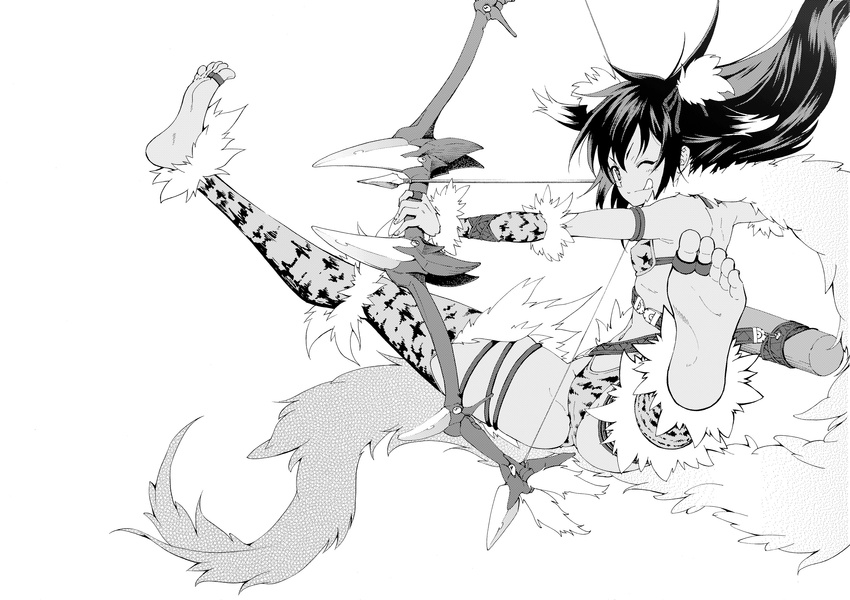 absurdres aiming animal_ears arrow barefoot bella_(sennen_sensou_aigis) bow_(weapon) bra drawing_bow feet full_body greyscale highres holding holding_arrow holding_bow_(weapon) holding_weapon jewelry jumping legband midriff monochrome oku_hideki one_eye_closed outstretched_arm panties quiver sennen_sensou_aigis solo spread_legs tail tan thighhighs toe_ring tongue tongue_out underwear weapon