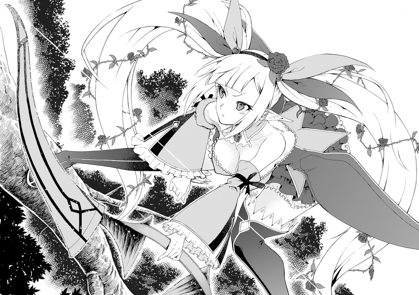 absurdres bow bow_(weapon) detached_sleeves flower greyscale hair_bow hair_flower hair_ornament highres monochrome oku_hideki rose sennen_sensou_aigis solo spica_(sennen_sensou_aigis) thighhighs twintails weapon