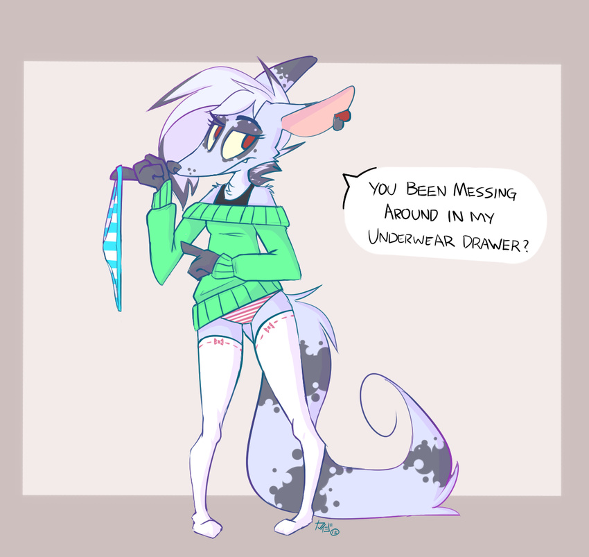 2015 anthro border bow clothed clothing dialogue ear_markings ear_piercing english_text eye_markings facial_markings female front_view fur green_clothing grey_background grey_fur grey_hair grey_markings grey_nose hair holding_object holding_underwear kaizy legwear mammal markings marsupial multicolored_hair no_pupils opossum outside_border owleyes panties piercing plantigrade pointing raised_eyebrow red_eyes sharp_teeth simple_background solo speech_bubble standing stockings striped_panties sweater tail_markings teeth text thigh_highs underwear white_clothing white_hair white_sclera