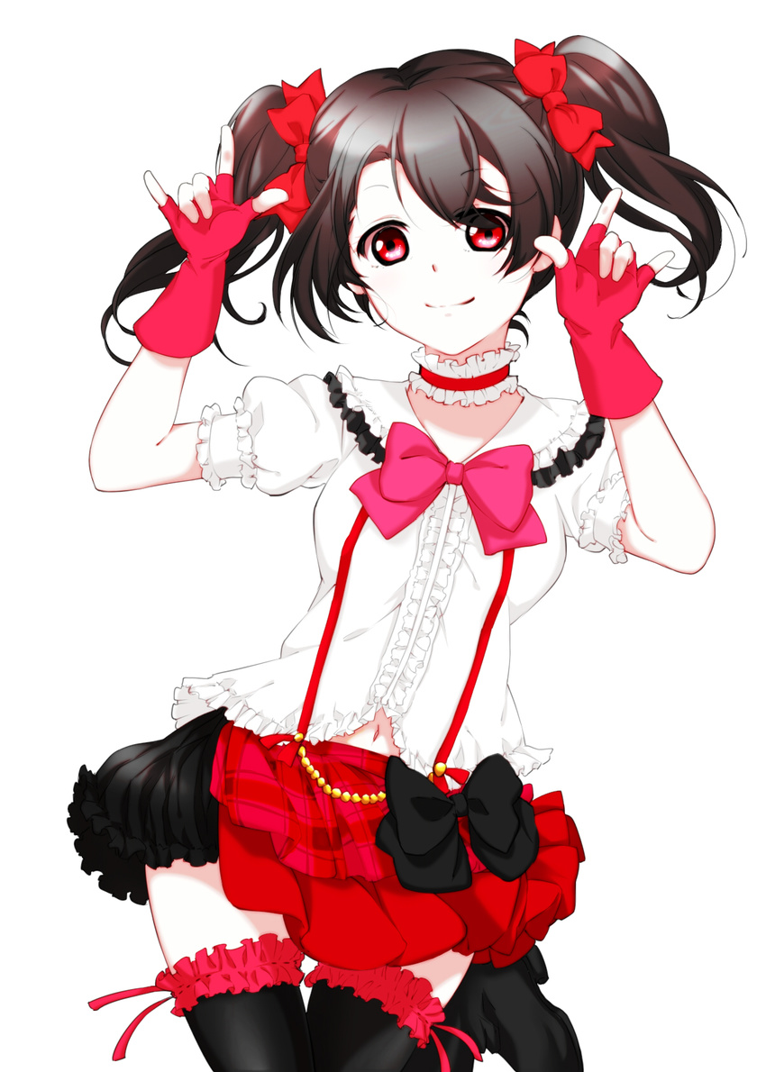 2_alice_2 \m/ black_legwear bokura_wa_ima_no_naka_de brown_hair choker double_\m/ fingerless_gloves frilled_choker frilled_shirt_collar frilled_skirt frills gloves hair_ribbon highres long_hair love_live! love_live!_school_idol_project navel red_eyes red_gloves red_ribbon ribbon simple_background skirt smile solo thighhighs twintails white_background yazawa_nico