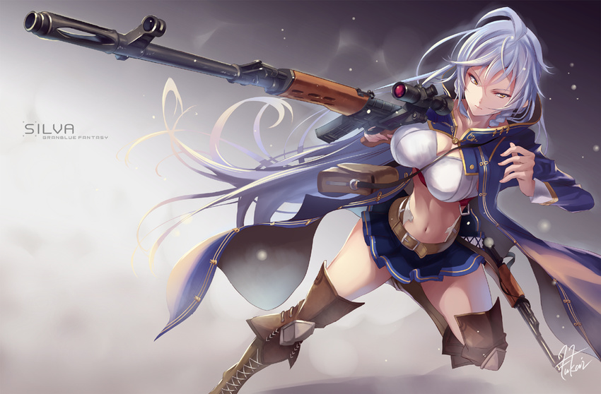 ahoge assault_rifle braid breasts brown_footwear cape character_name crop_top dragunov_svd fukai_ryousuke granblue_fantasy gun hair_between_eyes large_breasts long_hair long_sleeves looking_at_viewer midriff miniskirt navel perspective pleated_skirt rifle scope serious silva_(granblue_fantasy) silver_hair skirt sniper_rifle solo twin_braids very_long_hair weapon yellow_eyes