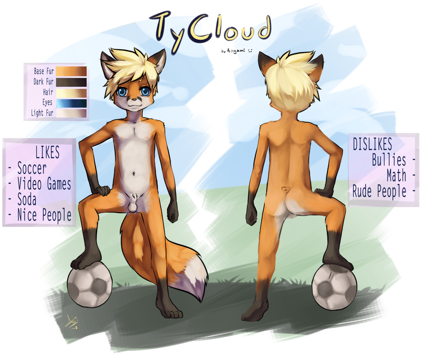 5_fingers :3 anthro aogami backsack backview ball balls blue_eyes butt canine fox frontview fur hair looking_at_viewer male mammal multicolored_fur navel nipples presentation sheath smile soccer tycloud