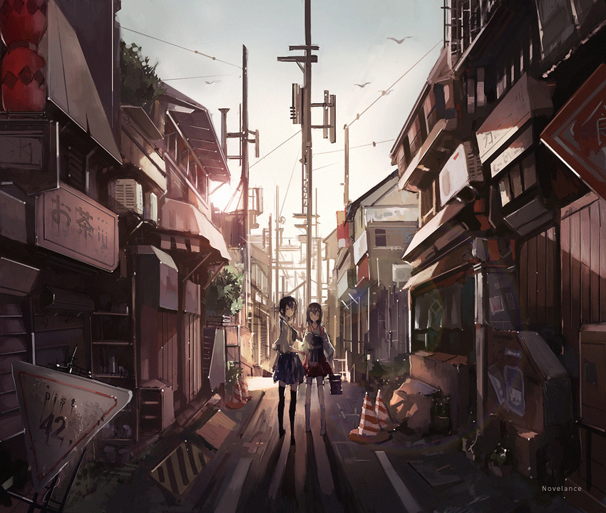 akagi_(kantai_collection) alley artist_name bird black_hair blue_skirt drainpipe kaga_(kantai_collection) kantai_collection multiple_girls novelance red_skirt road_sign scenery seagull shadow sign skirt telephone_pole traffic_cone vanishing_point