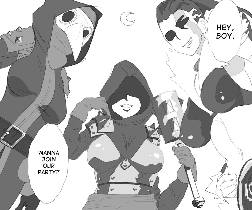 armor big_breasts black_and_white breasts clothing darkest_dungeon dialogue english_text female gloves group hellion hood human low-angle_view mace mammal mask melee_weapon midriff monochrome moon plague_doctor smile speech_bubble talking_to_viewer text unknown_artist vestal weapon worm's-eye_view