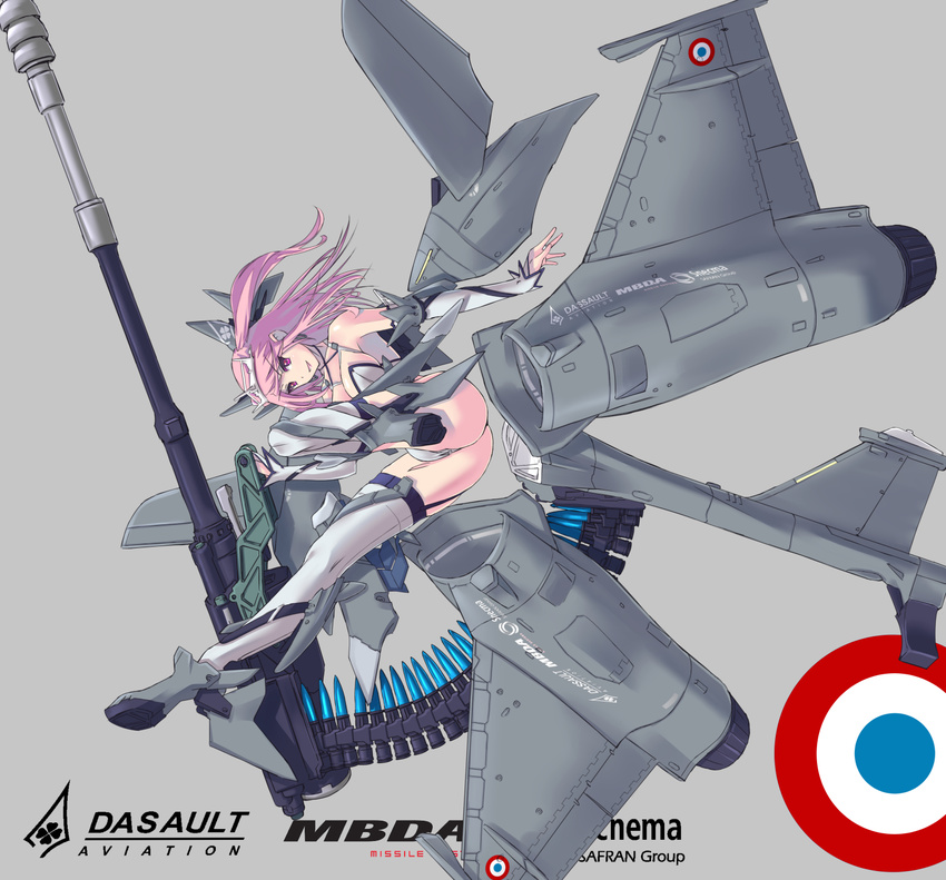 ammunition ammunition_belt armpits canards elbow_gloves fingerless_gloves gloves grey_background gun hair_ornament highres jet_engine looking_at_viewer mecha_musume nenchi personification pink_eyes pink_hair rafale side_ponytail simple_background smile solo weapon wings