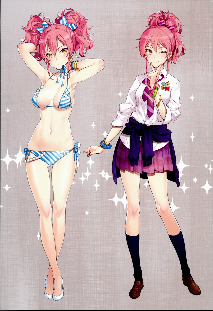 ;) absurdres armpits arms_behind_head arms_up bikini black_legwear blush bow breasts cleavage closed_mouth clothes_around_waist crossed_legs earrings eyelashes hair_bow highres idolmaster idolmaster_cinderella_girls jewelry jougasaki_mika kneehighs loafers long_hair long_legs looking_at_viewer medium_breasts navel neck_ribbon necktie one_eye_closed ooyari_ashito pink_hair pins pleated_skirt ribbon ring scan school_uniform shoes side-tie_bikini skirt smile solo striped striped_bikini striped_neckwear sweater_around_waist swimsuit twintails v yellow_eyes