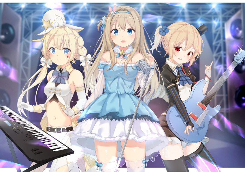 3girls :d absurdres argyle_cutout armpit_crease ascot bangs bare_shoulders belt bird black_legwear black_shirt black_skirt blonde_hair blue_dress blue_eyes blue_flower blue_neckwear blue_ribbon blurry blurry_background blush bow bowtie braid breasts brown_hair bunny_hair_ornament buttons chick closed_mouth collared_shirt colt_m1873_(girls_frontline) commentary crop_top detached_collar detached_sleeves dress elbow_gloves electric_guitar eyebrows_visible_through_hair fingerless_gloves flower frilled_dress frilled_skirt frills fur_trim girls_frontline glint gloves groin guitar hair_flower hair_intakes hair_ornament hair_ribbon hairband hand_up hat highres holding holding_instrument huge_filesize idol index_finger_raised instrument juliet_sleeves keyboard_(instrument) long_hair long_sleeves looking_at_viewer medium_breasts microphone microphone_stand midriff mini_hat mini_top_hat miniskirt mismatched_gloves mismatched_legwear multiple_girls nagant_revolver_(girls_frontline) navel off-shoulder_dress off_shoulder one_side_up open_mouth pants plectrum pom_pom_(clothes) puffy_sleeves red_eyes ribbon shirt short_hair short_ponytail side-by-side sidelocks single_elbow_glove skirt small_breasts smile snowflake_hair_ornament speaker stage_lights standing star striped striped_gloves striped_legwear suomi_kp31_(girls_frontline) tareme thighhighs tilted_headwear top_hat twintails white_gloves white_hat white_legwear white_pants white_ribbon white_shirt xue_lu zettai_ryouiki