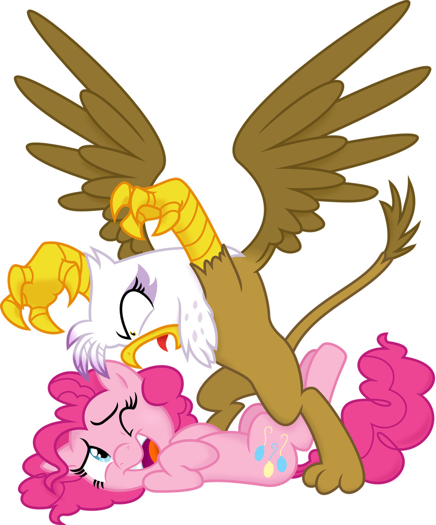 2013 absurd_res alpha_channel angry avian blue_eyes brown_feathers brown_fur cutie_mark duo equine feathers female feral friendship_is_magic fur gilda_(mlp) gryphon hair hi_res horse mammal mickeymonster my_little_pony pink_fur pink_hair pinkie_pie_(mlp) pony simple_background spier17 talons tongue transparent_background white_feathers