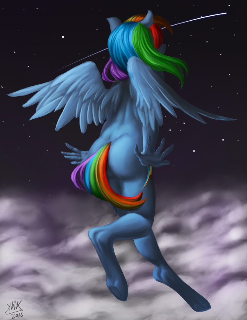 2016 anthro anthrofied butt cutie_mark equine feathered_wings feathers female friendship_is_magic glo-in-the-dark hair hi_res hooves kelpiemoonknives mammal multicolored_hair my_little_pony nude outside pegasus rainbow_dash_(mlp) rainbow_hair solo wings