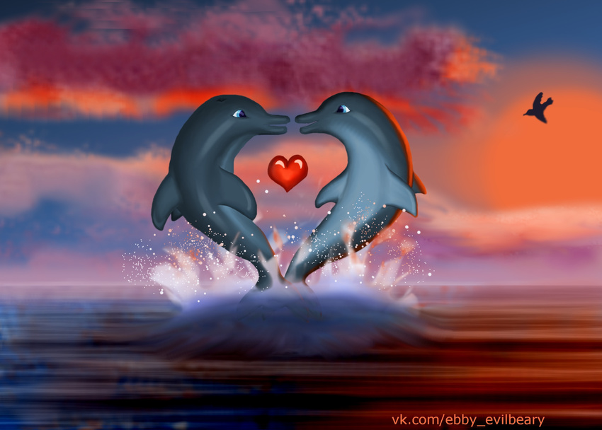 blue_eyes cetacean cloud dolphin duo mammal marine red_heart sky sunset water water_spray