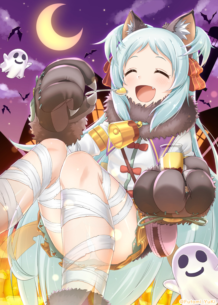 1girl :d ^_^ animal animal_ear_fluff animal_ears ass bandage bandaged_leg bandages bat bell blush brown_ribbon cat_ears closed_eyes cloud cloudy_sky crescent_moon eyes_closed fang food fur_collar futami_(mg42fw190d) ghost gloves hair_ribbon halloween highres holding holding_spoon izumo_miyako jack-o'-lantern knees_up long_hair long_sleeves miniskirt moon open_mouth orange_skirt panties pantyshot paw_gloves paws pleated_skirt princess_connect! princess_connect!_re:dive purple_collar purple_sky ribbon shirt sidelocks skirt sky smile solo spoon star_(sky) transparent twitter_username two_side_up underwear very_long_hair white_hair white_panties white_shirt