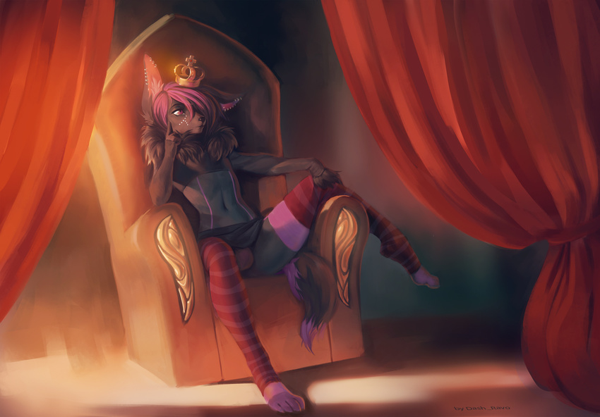 2015 anthro black_fur black_hair bulge canine chair clothing crop_top crown curtains dash_ravo digitigrade ear_piercing fennec fox fur girly hair legwear looking_away male mammal midriff multicolored_fur multicolored_hair navel neck_tuft piercing purple_fur purple_hair red_eyes royalty scout_fennec shirt sitting skirt solo spread-legs stockings thigh_highs throne tuft two_tone_fur two_tone_hair underwear