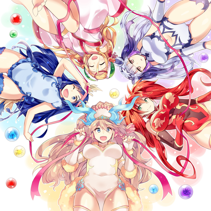 barefoot blonde_hair blue_eyes breasts china_dress chinese_clothes circlet covered_navel double_bun dragon_girl dress elbow_gloves fang fingerless_gloves from_below gloves green_eyes hair_ornament haku_(p&amp;d) highres horns kaki_s karin_(p&amp;d) large_breasts leilan_(p&amp;d) long_hair medium_breasts meimei_(p&amp;d) multicolored_hair multiple_girls navel one_eye_closed open_mouth orb purple_hair puzzle_&amp;_dragons ribbon sakuya_(p&amp;d) silver_hair thighhighs turtle_shell twintails two-tone_hair very_long_hair