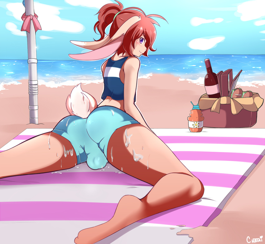 2015 alcohol alex_(chatai) anthro baguette basket beach beverage blush bulge butt chatai clothed clothing cream_fur crop_top digitigrade food fur girly hair kneeling lagomorph leaning leaning_forward looking_at_viewer looking_back lotion male mammal midriff ponytail purple_eyes rabbit rear_view red_hair sea seaside shirt shorts smile solo sun_lotion tank_top towel water wet wine