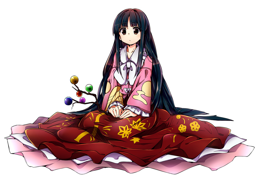 absurdres baba_(baba_seimaijo) black_hair branch brown_eyes highres hime_cut houraisan_kaguya jeweled_branch_of_hourai long_hair long_sleeves looking_at_viewer shirt sitting skirt solo tachi-e touhou transparent_background very_long_hair wide_sleeves