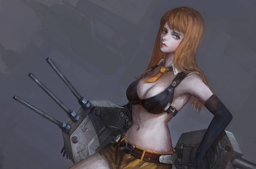 belt breasts california_(zhan_jian_shao_nyu) cleavage detached_collar elbow_gloves gloves grey_background large_breasts long_hair navel necktie shevan short_shorts shorts sketch solo turret zhan_jian_shao_nyu