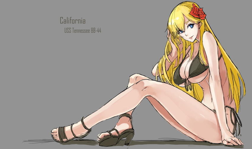 bikini blonde_hair blue_eyes breasts california_(zhan_jian_shao_nyu) cleavage english feet flower grey_background hair_flower hair_ornament high_heels highres hikari123456 large_breasts long_hair open_toe_shoes sandals shoes side-tie_bikini sitting solo swimsuit toes underboob zhan_jian_shao_nyu