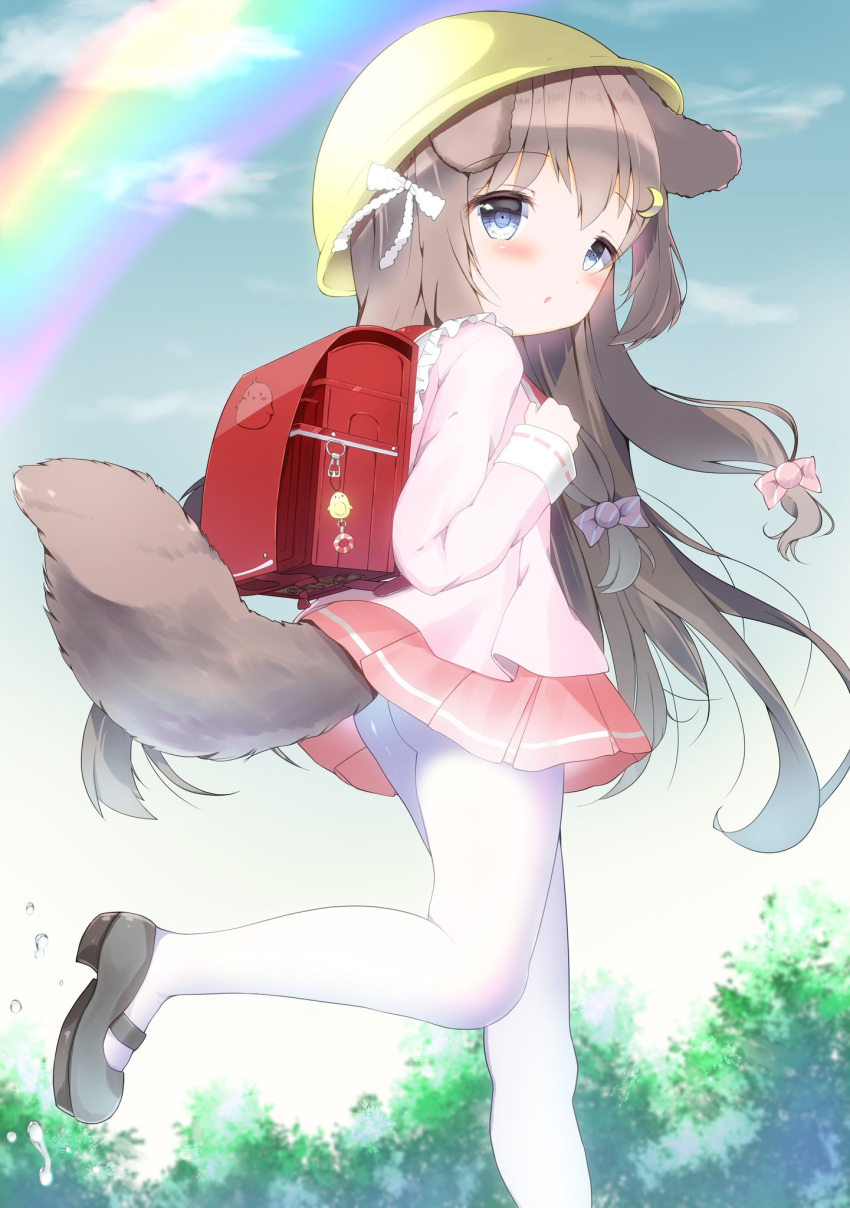 1girl animal_ears ass azur_lane backpack bag blue_eyes blush bow brown_hair cloud commentary_request crescent crescent_hair_ornament crime_prevention_buzzer dog_ears dog_tail from_side fumizuki_(azur_lane) hair_bow hair_ornament hat highres leg_up long_hair looking_back mary_janes miniskirt open_mouth outdoors pantyhose pink_shirt pink_skirt rainbow randoseru ribbon running school_hat school_uniform serafuku shirt shoes skirt skirt_lift sky solo tail water white_legwear yellow_hat