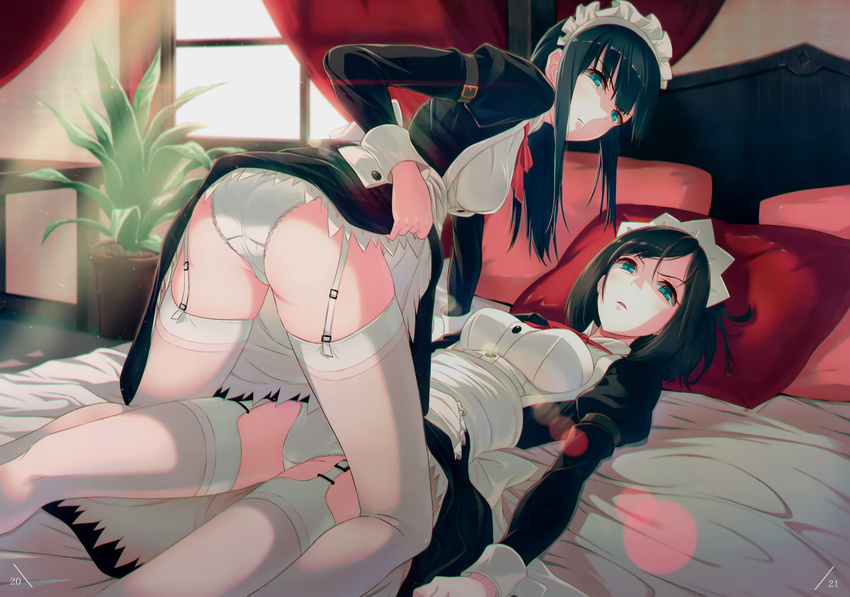 40hara absurdres all_fours angry apron ass bed black_hair breasts character_request chromatic_aberration crotch_seam frown garter_straps girl_on_top green_eyes highres huge_filesize itou_chitose iya_na_kao_sare_nagara_kozukuri_sasete_moraitai lace lace-trimmed_panties lifted_by_self long_hair lying maid maid_headdress medium_breasts multiple_girls on_back original panties pillow short_hair skirt skirt_lift thighhighs underwear white_legwear white_panties yuri