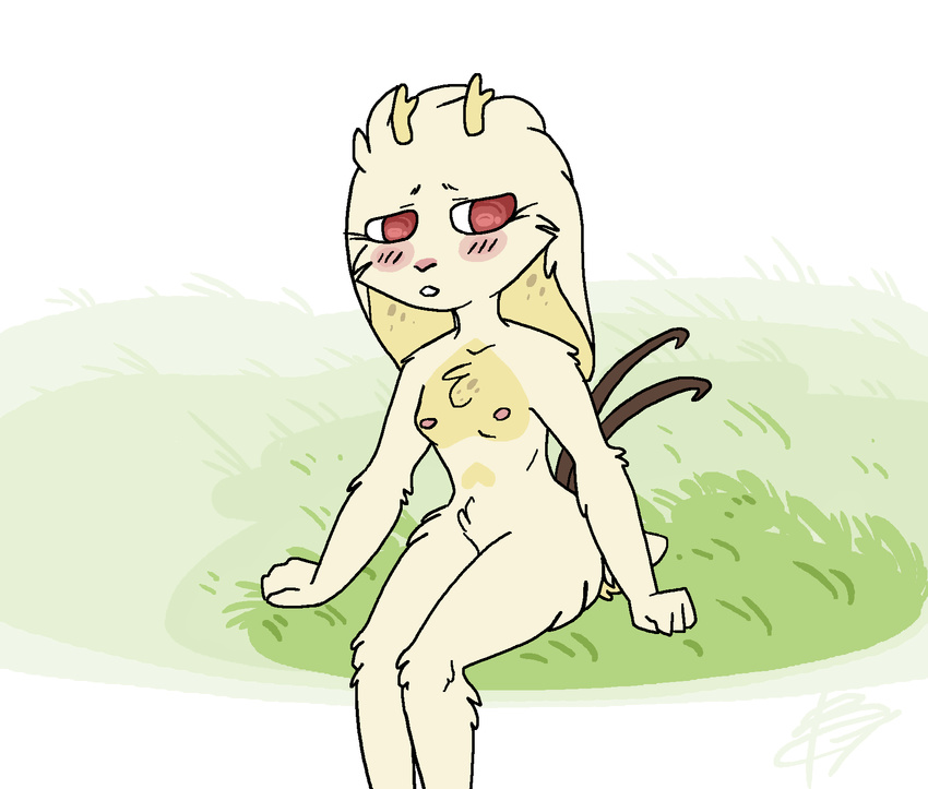 anthro antlers blush breasts cute embarrassed female grass hi_res horn hybrid jackalope lagomorph mammal melonpussy nipples nude pubes rabbit rodent simple_background sitting solo vanilla_beans