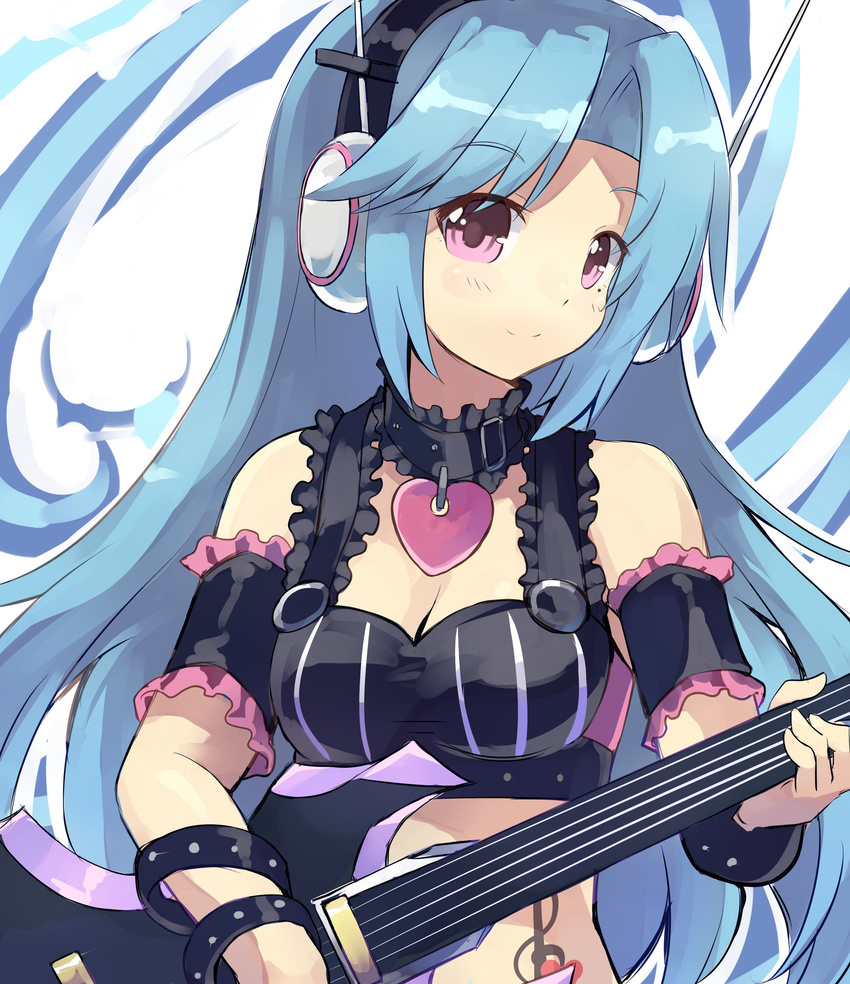 5pb_(choujigen_game_neptune) absurdres bare_shoulders blue_hair blush choujigen_game_neptune collar guitar hair_ornament headphones highres instrument long_hair looking_at_viewer mole mole_under_eye neptune_(series) normaland purple_eyes smile solo tattoo
