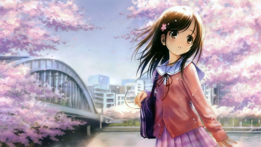 bad_id bad_pixiv_id bag black_hair bridge brown_eyes brown_hair cardigan cherry_blossoms duplicate earbuds earphones flower goto_p hair_flower hair_ornament headset landscape long_hair open_mouth original petals river sailor_collar scenery school_uniform serafuku skirt solo sweater teeth tree water