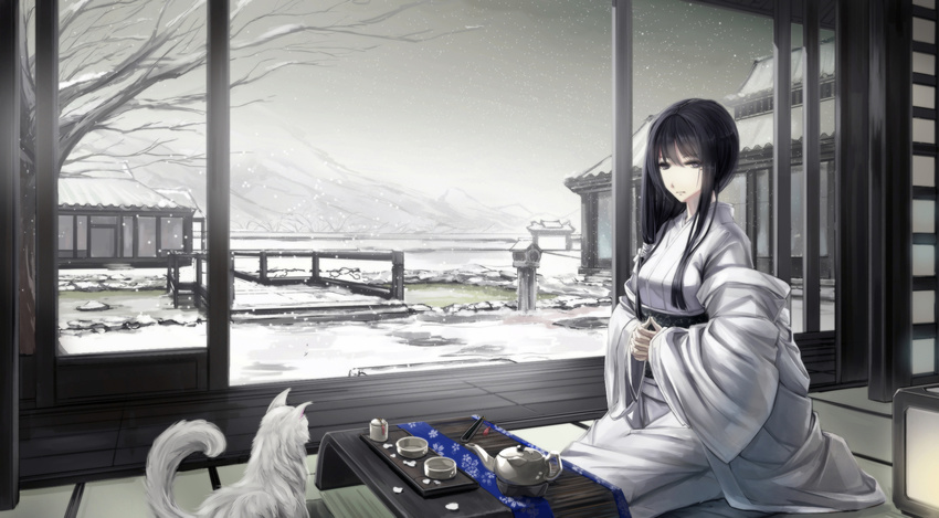 architecture bangs bare_tree black_hair brown_eyes building cat cloud cloudy_sky cup east_asian_architecture expressionless fan floral_print folding_fan from_side grey hair_over_shoulder hands_clasped highres indoors japanese_clothes kikivi kimono landscape lantern long_hair looking_at_viewer low_ponytail mole mole_under_eye mountain obi on_floor original own_hands_together paper_lantern pond sash scenery seiza sitting sky sliding_doors snow snowing solo stone_lantern table tassel tatami teapot tray tree white white_cat white_kimono winter