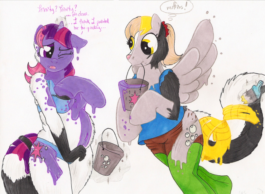 breasts clothed clothing cutie_mark derpy_hooves_(mlp) duo equine female foxx friendship_is_magic fur hair horn horse mammal my_little_pony open_mouth paint pegasus pony smile text transformation twilight_sparkle_(mlp) unicorn wings