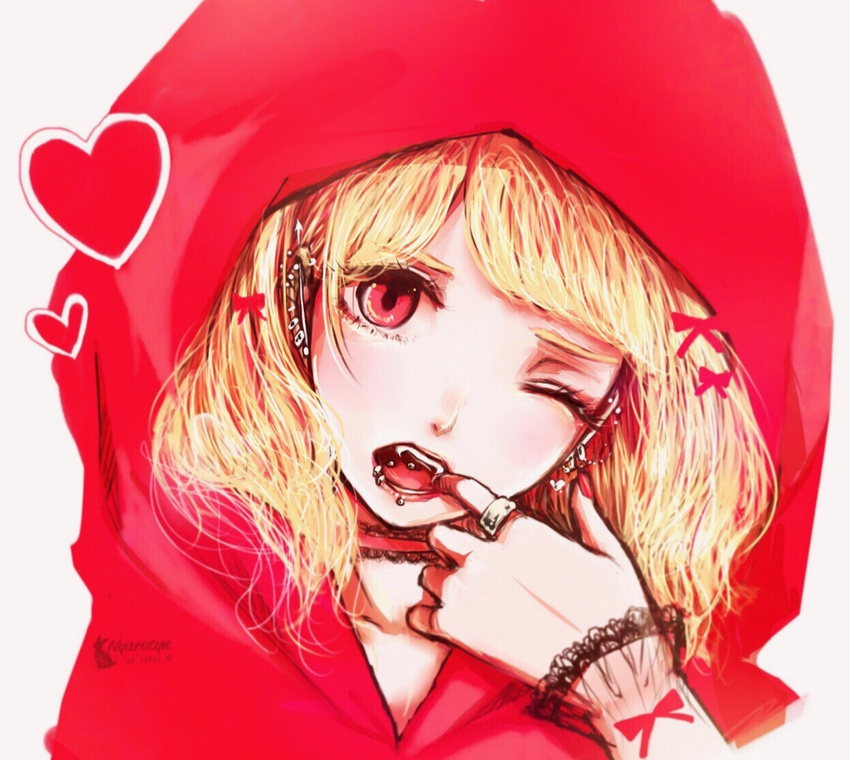 blonde_hair bow ear_piercing eyelashes finger_in_mouth grimm's_fairy_tales heart hood jewelry little_red_riding_hood little_red_riding_hood_(grimm) mouth_pull nail_polish nyarotyn one_eye_closed open_mouth piercing pink_eyes portrait ring solo tongue_piercing watermark