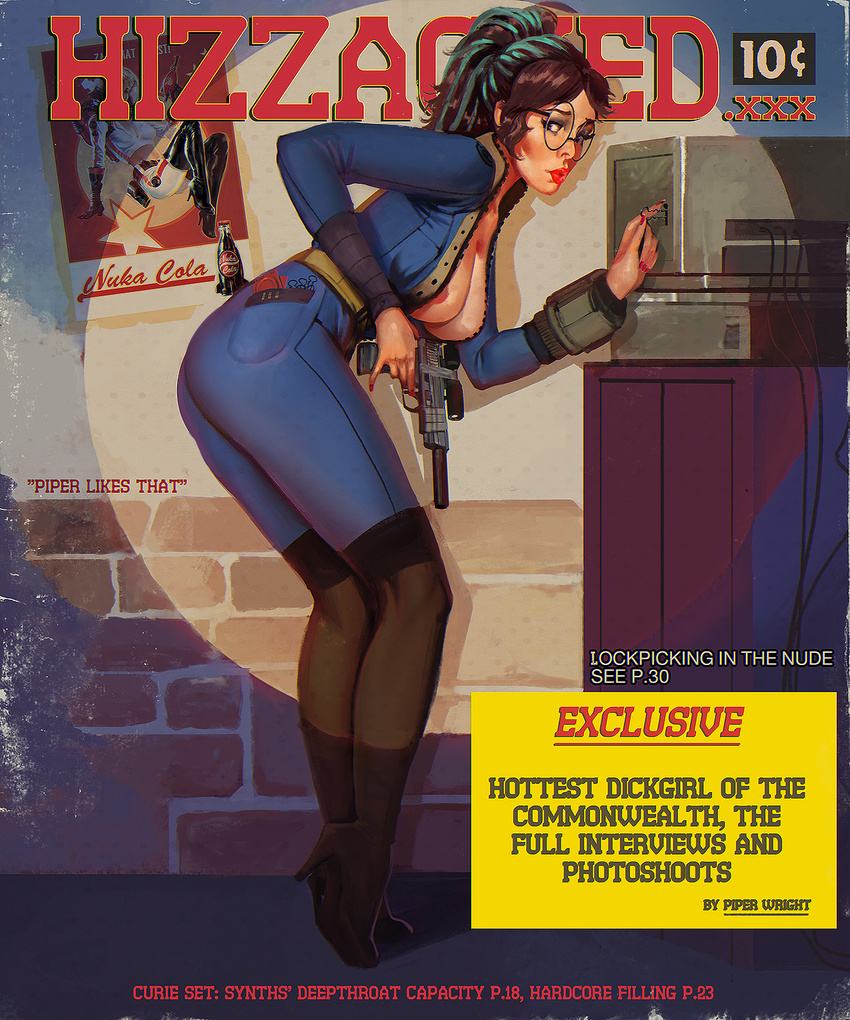 areolae bobby_pin borrowed_character breasts brown_hair cleavage condom english fallout_4 full_body glasses gun highres hizzy_(hizzacked) jumpsuit large_breasts lipstick lockpick makeup multicolored_hair open_clothes solo thekite two-tone_hair vault_dweller vault_suit weapon