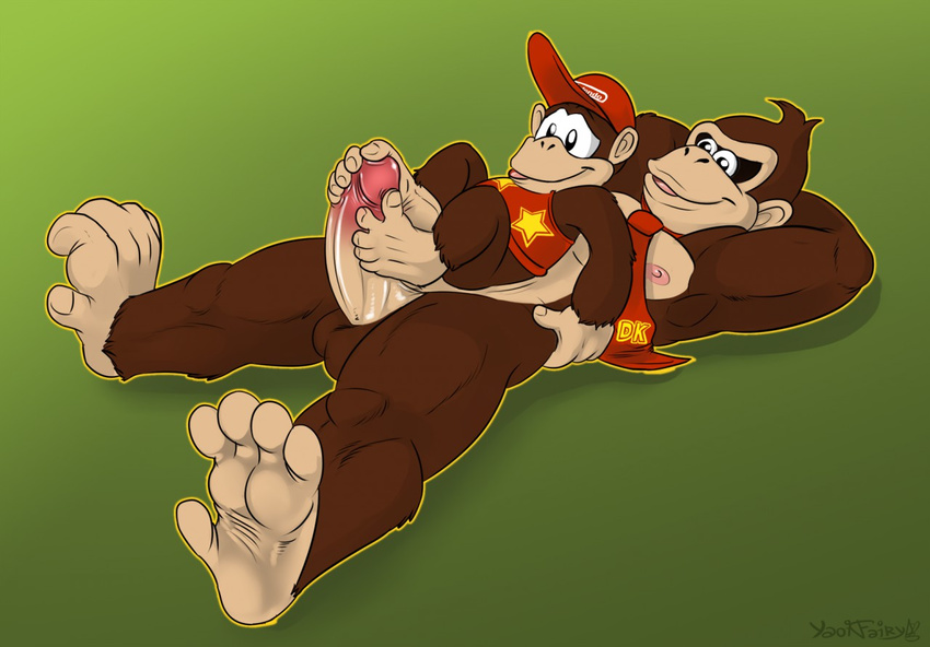 5_toes ape balls barefoot baseball_cap brown_fur clothing diddy_kong donkey_kong_(character) donkey_kong_(series) duo erection foot_fetish footjob fur hands_behind_head happy hat lying male male/male mammal monkey necktie nintendo nipples on_back penis primate reclining sex smile toes video_games yaoifairy