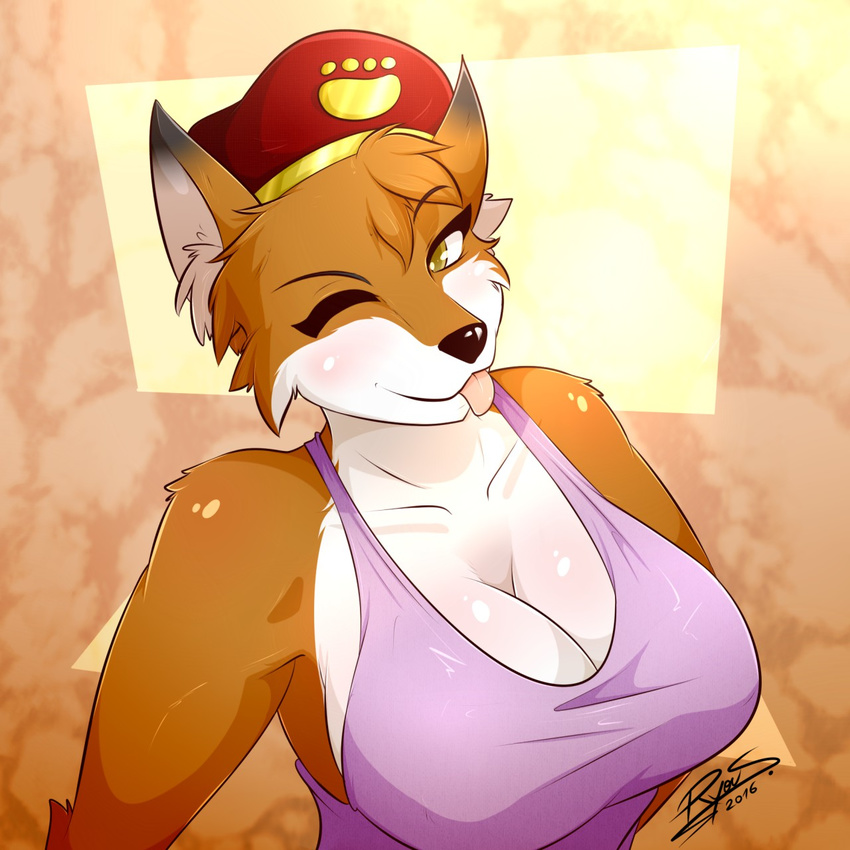 anthro big_breasts breasts brown_eyes canine cleavage clothed clothing female fox hat looking_at_viewer mammal one_eye_closed ryousakai solo tongue tongue_out wink winking_at_viewer