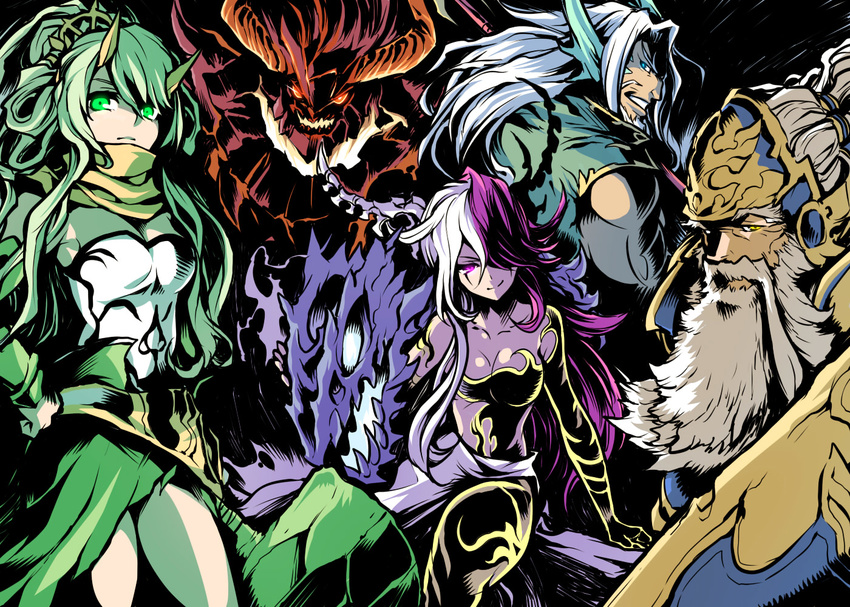 3boys aegir_(p&amp;d) armor beard black_sclera blue_eyes breasts cleavage facial_hair facial_mark glowing glowing_eyes green_eyes green_hair hair_ornament hair_over_one_eye hammer hand_on_hip heimdallr_(p&amp;d) hel_(p&amp;d) helmet horns ishiyumi jord_(p&amp;d) long_hair looking_at_viewer medium_breasts multicolored_hair multiple_boys multiple_girls muscle orange_eyes purple_eyes purple_hair puzzle_&amp;_dragons scarf sitting skull surtr two-tone_hair white_hair yellow_eyes