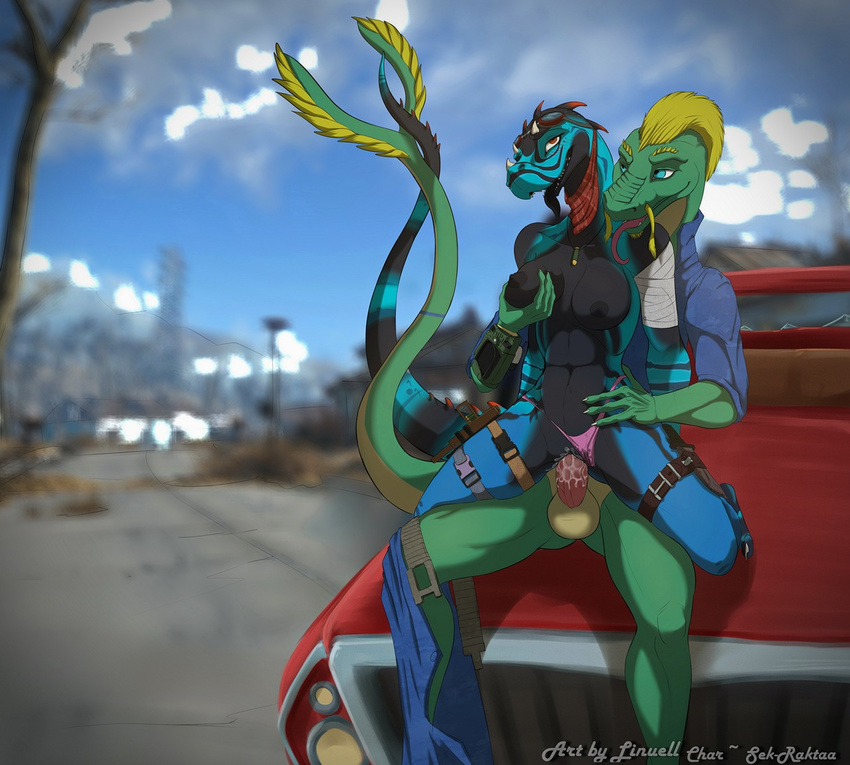 2016 anthro balls breasts car digital_media_(artwork) dinosaur erection fallout female linuell lizard male male/female open_mouth penetration penis pussy raider reptile scales scalie sex vehicle video_games
