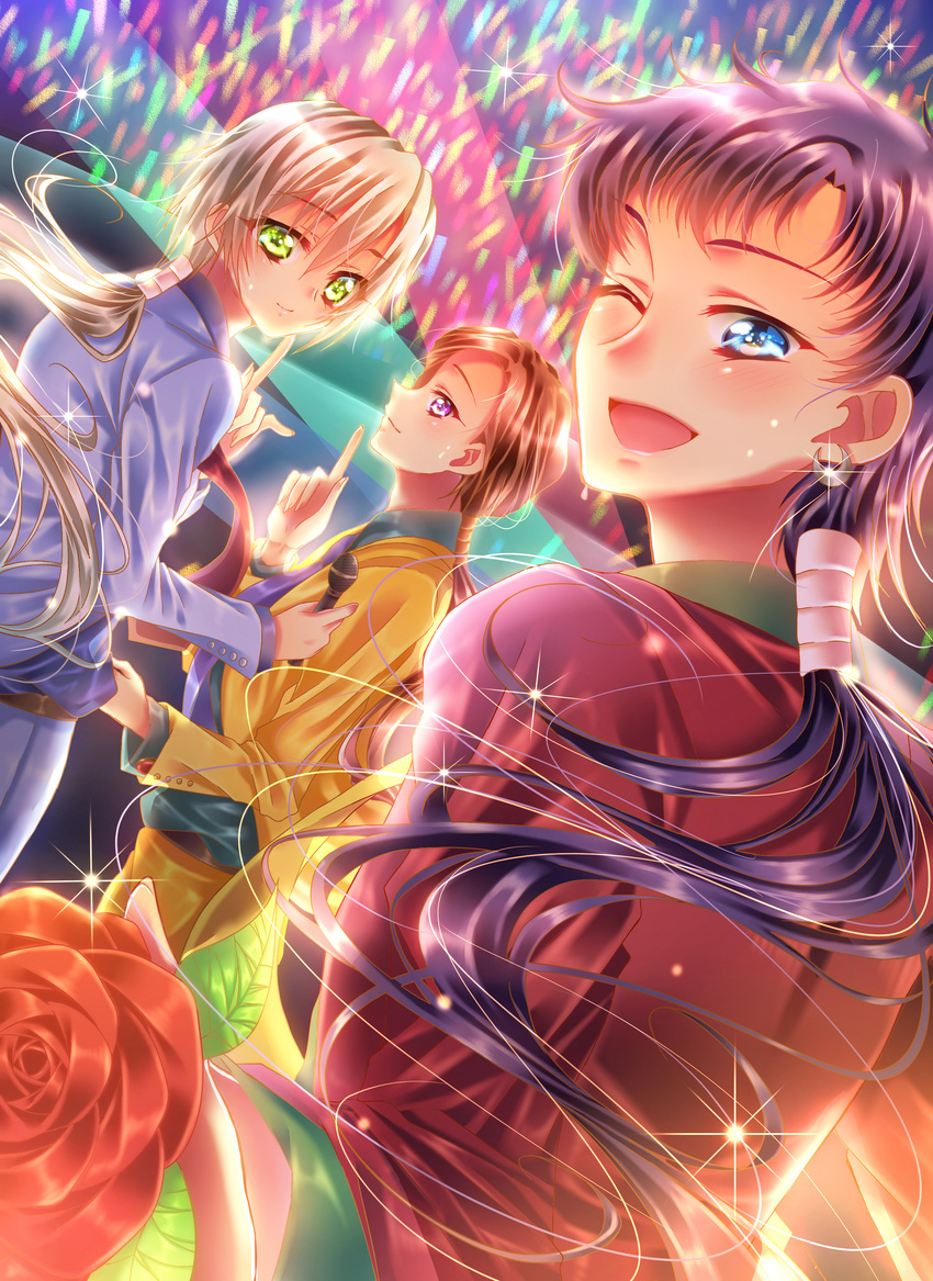 absurdres bishoujo_senshi_sailor_moon blonde_hair blue_eyes brown_hair crescent crescent_earrings dutch_angle earrings flower from_behind green_eyes highres index_finger_raised jewelry long_hair microphone multiple_girls one_eye_closed open_mouth ponytail purple_eyes purple_hair rose seiya_kou smile sparkle taiki_kou touki_matsuri yaten_kou