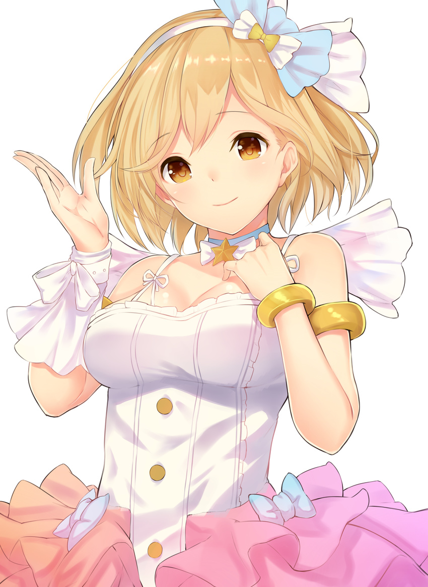 absurdres alternate_costume anza_tomo blonde_hair bracelet brown_eyes djeeta_(granblue_fantasy) granblue_fantasy hair_ribbon hairband highres jewelry neck_ribbon ribbon short_hair skirt solo superstar_(granblue_fantasy)