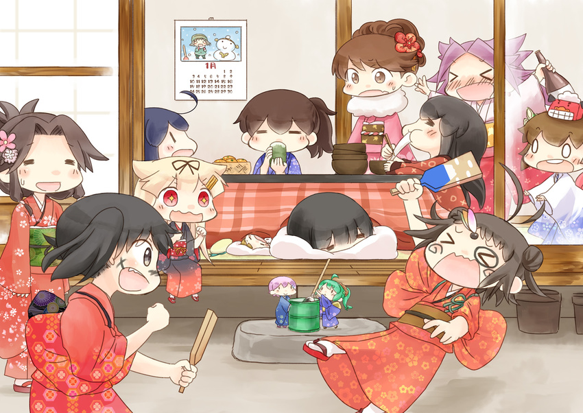&gt;_&lt; 6+girls :d =_= ^_^ akagi_(kantai_collection) alternate_costume alternate_hairstyle antenna_hair bangs black_eyes black_hair blush bow brown_eyes brown_hair calendar_(object) closed_eyes commentary_request double_bun drum_canister_(kantai_collection) drunk eating error_musume facepaint fairy_(kantai_collection) folded_ponytail girl_holding_a_cat_(kantai_collection) green_hair hagoita hair_bow hair_flaps hair_ornament hair_ribbon hairclip hanetsuki hatsuyuki_(kantai_collection) hiei_(kantai_collection) highres hinata_yuu japanese_clothes jintsuu_(kantai_collection) jun'you_(kantai_collection) kantai_collection kimono kotatsu light_brown_hair long_hair multiple_girls naka_(kantai_collection) new_year open_mouth paddle ponytail purple_hair red_eyes remodel_(kantai_collection) ribbon ryuujou_(kantai_collection) scarf searchlight_(kantai_collection) sendai_(kantai_collection) short_hair side_ponytail sleeping smile snowman sweat table tasuki twintails two_side_up ushio_(kantai_collection) yukikaze_(kantai_collection) yuudachi_(kantai_collection) zouni_soup