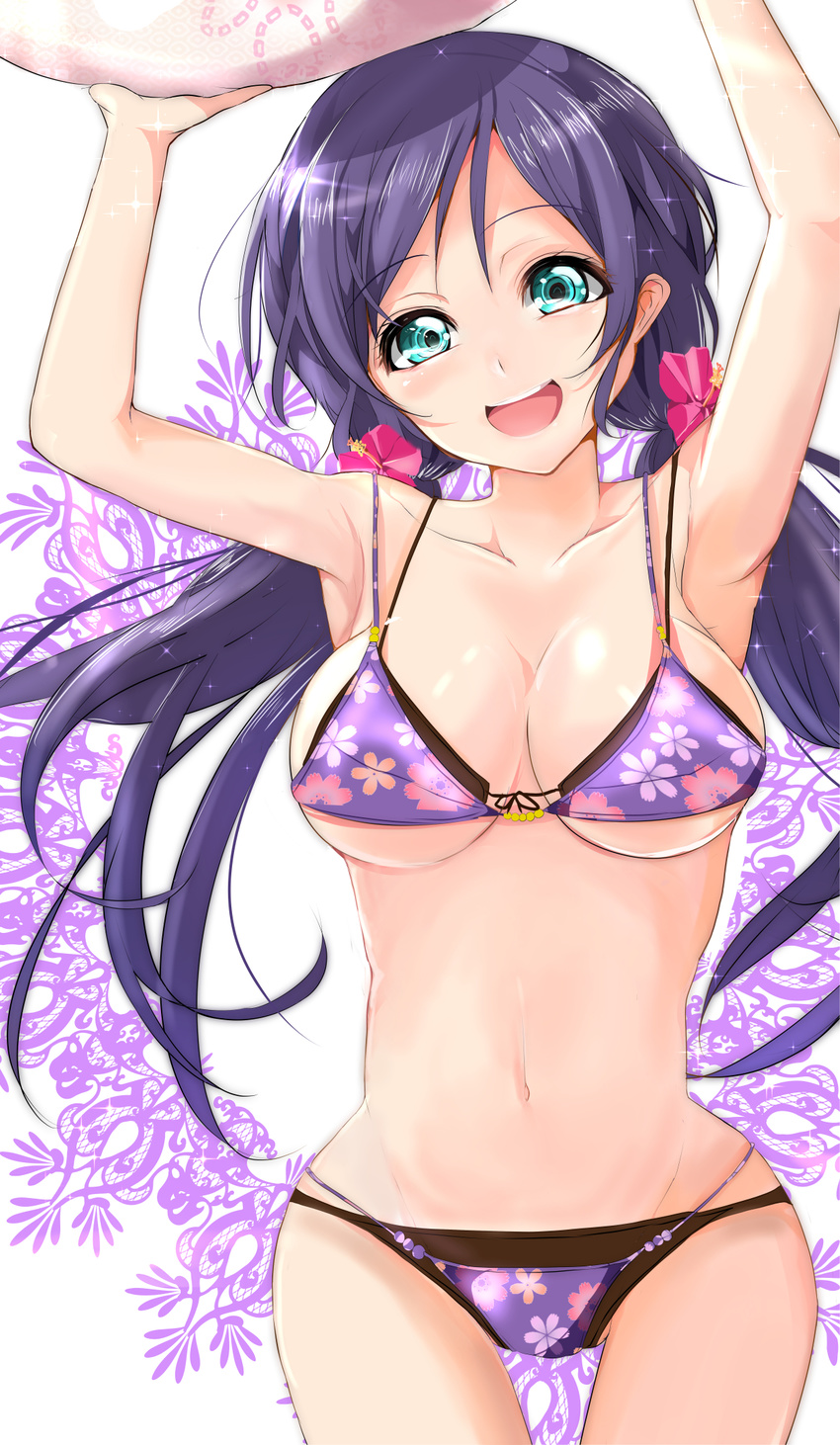 aqua_eyes bikini bikini_top breasts cleavage collarbone floral_print highres large_breasts layered_bikini long_hair love_live! love_live!_school_idol_project low_twintails navel open_mouth print_bikini purple_bikini purple_hair revision smile solo swimsuit thigh_gap toujou_nozomi twintails underboob velia very_long_hair