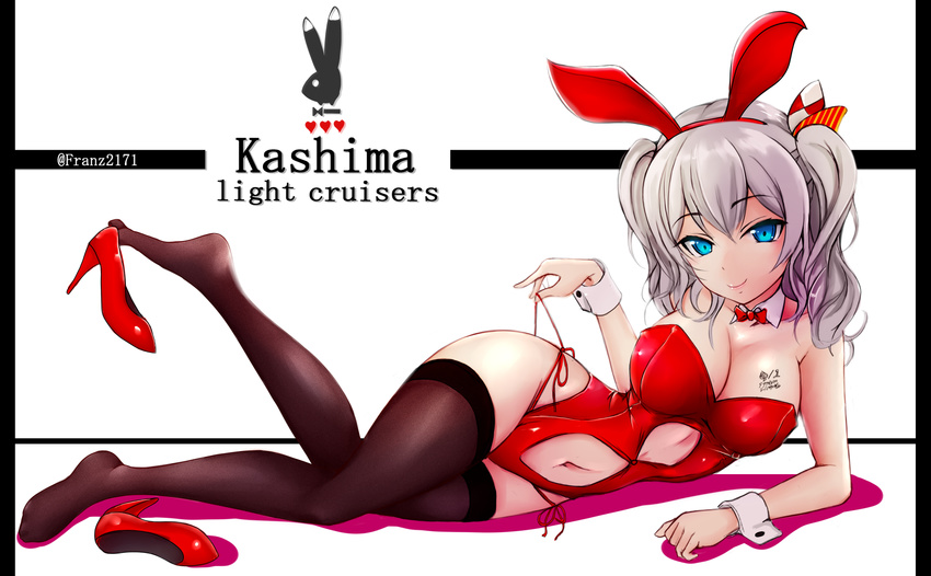 alternate_costume animal_ears bangs bare_shoulders black_legwear blue_eyes body_writing bow bowtie breasts bunny bunny_ears bunny_girl bunnysuit character_name cleavage closed_mouth detached_collar eyebrows fake_animal_ears franz_(217franz) full_body grey_hair hairband heart high_heels highres kantai_collection kashima_(kantai_collection) large_breasts leg_up leotard long_hair looking_at_viewer lying navel navel_cutout no_shoes on_side panties pillarboxed playboy pulling red_bow red_footwear red_leotard red_neckwear red_panties shoe_dangle shoes shoes_removed side-tie_panties signature single_shoe smile solo stomach strapless strapless_leotard striped thighhighs twintails twitter_username underwear untying white_background wrist_cuffs