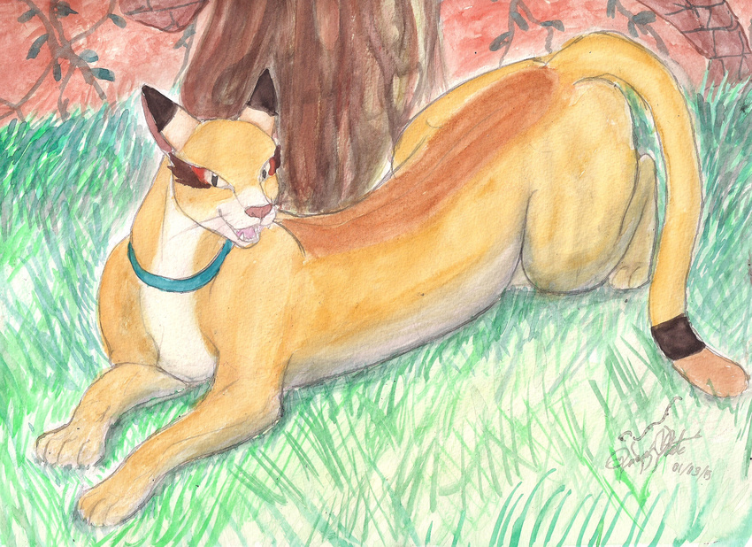 backyard collar coy felidae_(film) feline feral in_heat lordosis mammal nhozemphtekh_(felidae) queen queensmate royalty she-cat traditional_media_(artwork) tree watercolor_(artwork)