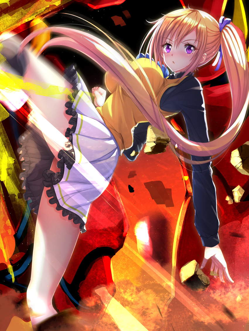 blonde_hair blush breasts hair_ribbon highres kawakami_mai kicking large_breasts leg_up long_hair looking_at_viewer mole mole_under_eye musaigen_no_phantom_world open_mouth purple_eyes ribbon school_uniform side_ponytail skirt solo sweater_vest swordsouls very_long_hair