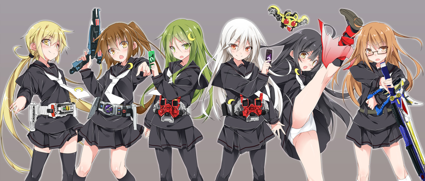 &gt;:) :o belt black_hair black_legwear black_serafuku black_skirt blonde_hair blush brown_eyes brown_hair card commentary_request copyright_request crescent crescent_hair_ornament crescent_moon_pin embarrassed fumizuki_(kantai_collection) gaia_memory glasses green_eyes green_hair gun hair_between_eyes hair_ornament highres holding holding_card holding_sword holding_weapon kamen_rider kamen_rider_555 kamen_rider_den-o_(series) kamen_rider_kiva_(series) kamen_rider_w kantai_collection kicking kikuzuki_(kantai_collection) kivat-bat_iii kneehighs leg_up loafers long_hair long_sleeves looking_at_viewer lost_driver low_twintails mikazuki_(kantai_collection) mochizuki_(kantai_collection) monster mtu_(orewamuzituda) multiple_girls nagatsuki_(kantai_collection) neckerchief necktie open_mouth panties pantyshot pantyshot_(kicking) parody pleated_skirt pointing pointing_at_viewer ponytail red_eyes rider_belt satsuki_(kantai_collection) school_uniform serafuku shoes skirt smile standing standing_on_one_leg super_sentai sword thighhighs thighs twintails underwear uniform v-shaped_eyebrows very_long_hair weapon white_hair white_legwear white_neckwear white_panties wings yellow_eyes zyuden_sentai_kyoryuger